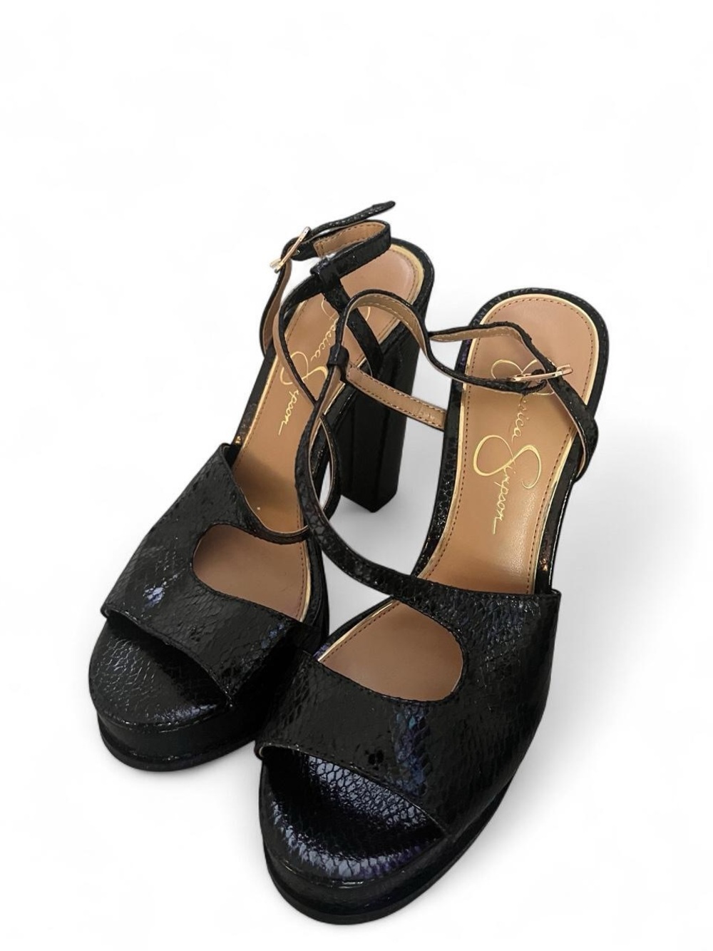 Jessica Simpson Black Patent Platform Heels with Ankle Straps